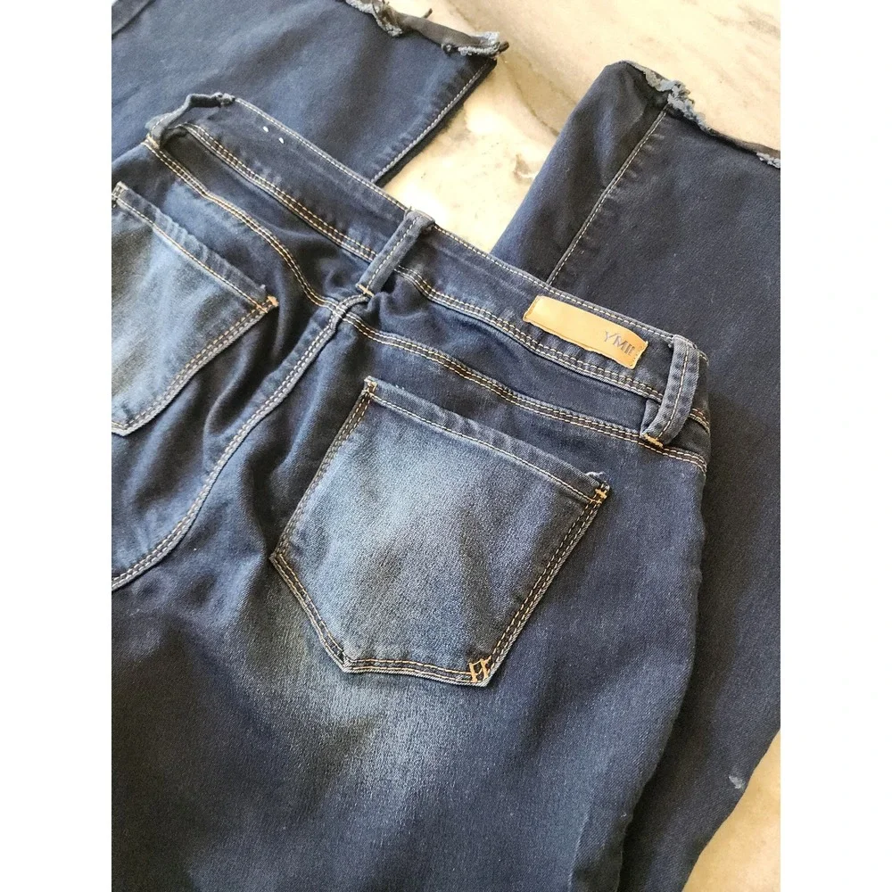 YMI Women Dark Wash Flare Jeans Exposed Button Fly Raw Hem Size 5 Blue Denim